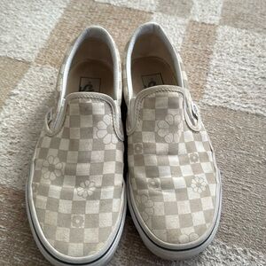 Beige Checkered/Floral Vans slip on sneakers